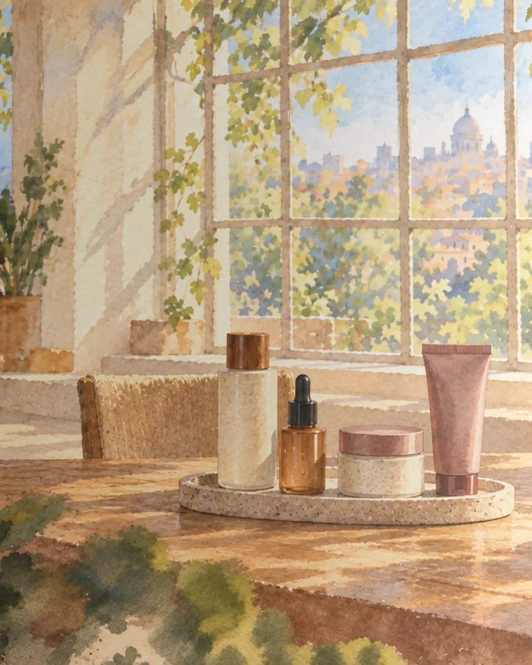 Skincare products on a sunlit windowsill